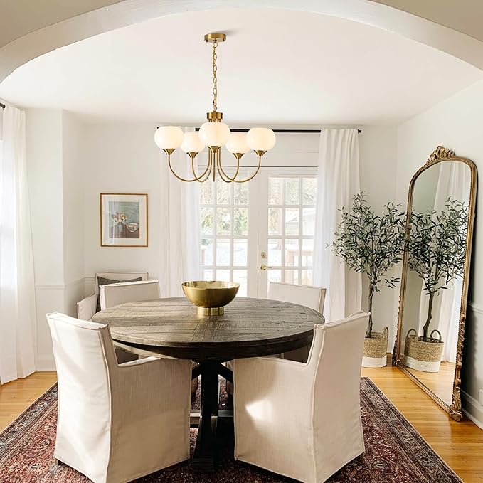 Modern Globe Chandelier 5 Light Mid Century White Milk Glass Vintage Sputnik Hanging Chandeliers Gold Pendant Light Fixtures for Dining Room Kitchen Living Room Bedroom