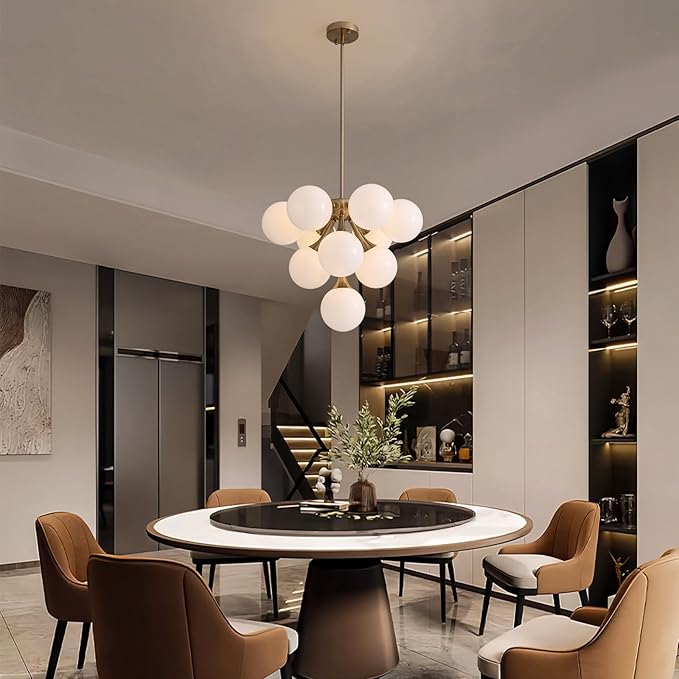 Mid Century Modern Chandelier,Gold Globe Sputnik Chandeliers,10 Lights Pendant Lighting Fixture, for Dining Living Room, Kitchen Island