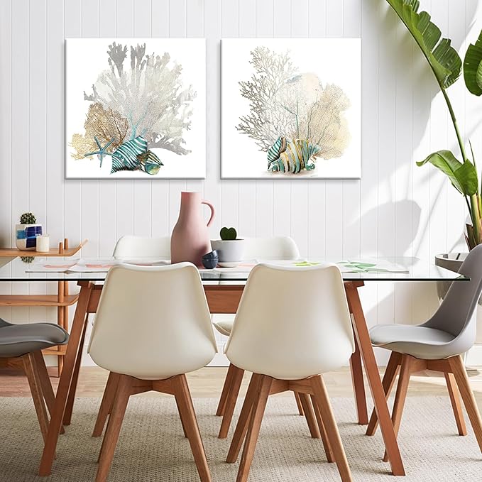 JAPO ART White Coral Wall Art Beach Bathroom Decor Sea Shell Pictures Coastal Wall Decor Sea Fan Nautical Painting Ocean wall art for Livingroom Bedroom Home Walls 20x20Inchx2pcs