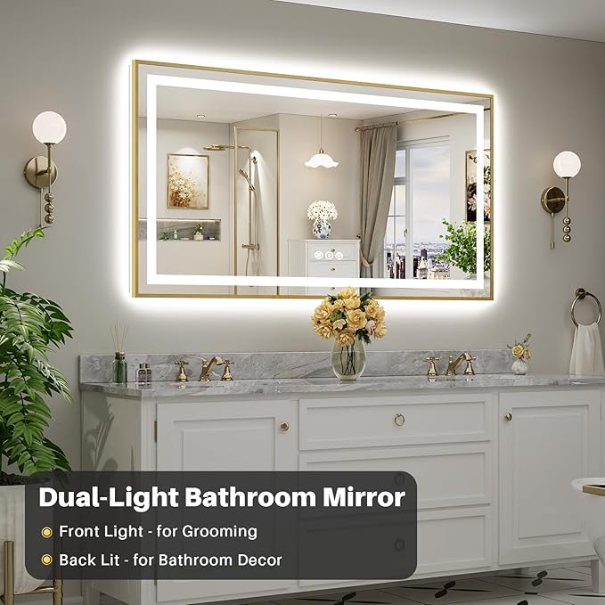 66x36 Inch LED Bathroom Mirror with Gold Frame, Backlit & Front Lit, Anti-Fog Lighted Bathroom Vanity Mirror for Wall, Memory Function, Dimmable, HD Tempered Glass, Shatter-Proof