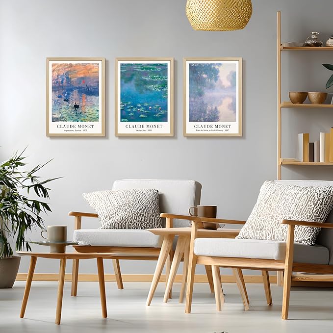 LLEEMPI Claude Monet Water Lilies Wall Art Set of 3, Maritime Sunrise Wall Decor, Vintage Aesthetic Botanical Canvas Prints, Classic Minimalist Poster Prints for Bedroom Office Wood Framed 16x24 Inch