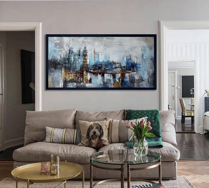 Large Wall Art for Bedroom Abstract City View Canvas Art Gray Blue Buildings Prints for Bedroom Wall Art Office Artwork Wall Decor for Living Room Decor 29x58 inches Black Framed