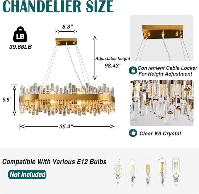 Modern Crystal Chandeliers, Luxury Rectangular 2 Tiers K9 Crystal Chandelier, 16-Light Brass Gold Rectangle Oval Flush Mount Ceiling Light Fixture for Dining Room Kitchen Foyer, L35.4''