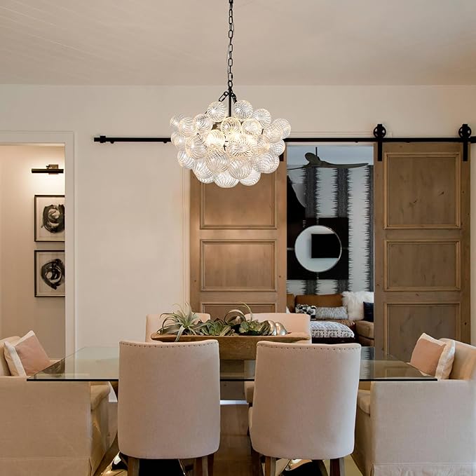 Nordic Bubble Ball Swirled Modern Chandelier,Dia 20 Inch Bubble Chandelier Lighting, Black and Clear Glass Chandelier,for Bedroom Study Restaurant