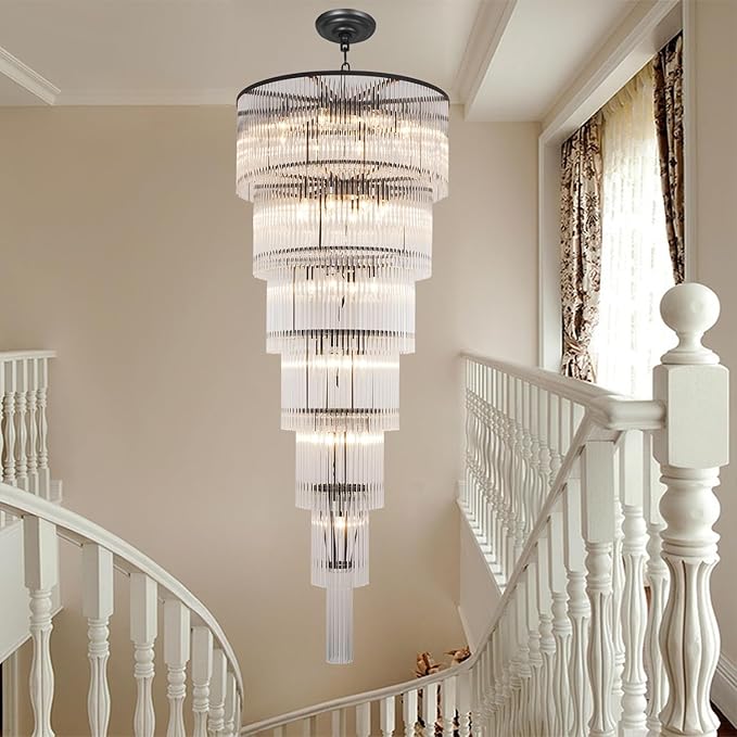Large Black Chandeliers H71 Modern High Ceiling Chandelier 7-Tier Glass Chandelier Foyer Entryway Ceiling Light Fixture for Staircase Grand Living Room Entry Extra Long