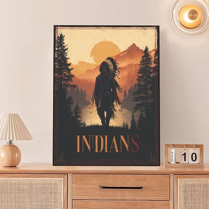 Native American Wall Art Indian Tribe Wall Decor Canvas Pictures Vintage Landscape Paintings Prints Traditional Artwork Framed Decorations For Bathroom Bedroom Living Room Office Gifts 12" x 16"