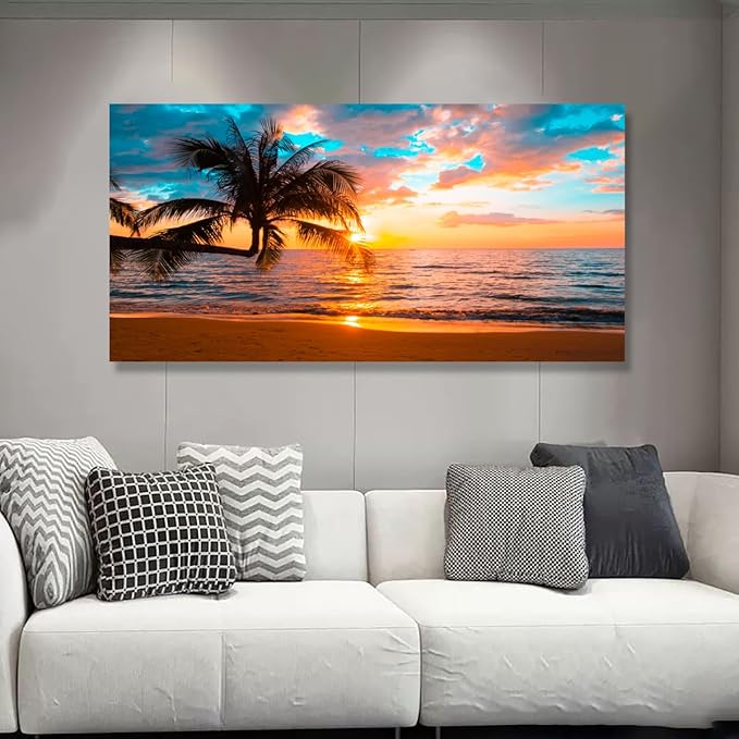 Beach Sunset Pictures Canvas Wall Art For Living Room Bedroom Wall Decor,Sunset Wall Art Print Paitnings For Home Decor,Morden Artwork Palm Cloud Canvas Art Waterproof Ready To Hang-24x48 Inches