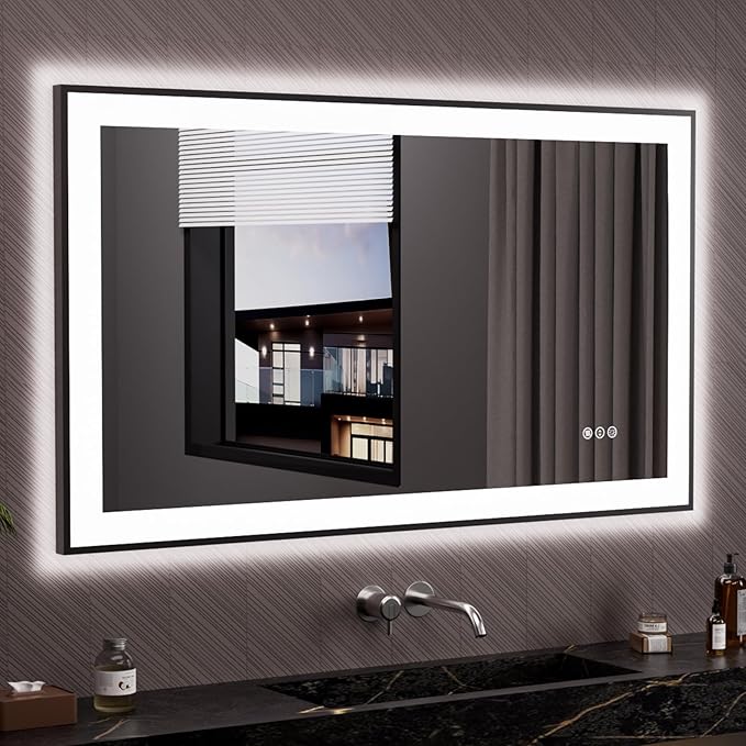 LOAAO 48"X28" LED Bathroom Mirror Black Framed, Anti-Fog, Dimmable, Lighted Bathroom Vanity Mirror for Wall, Memory Function, Tempered Glass