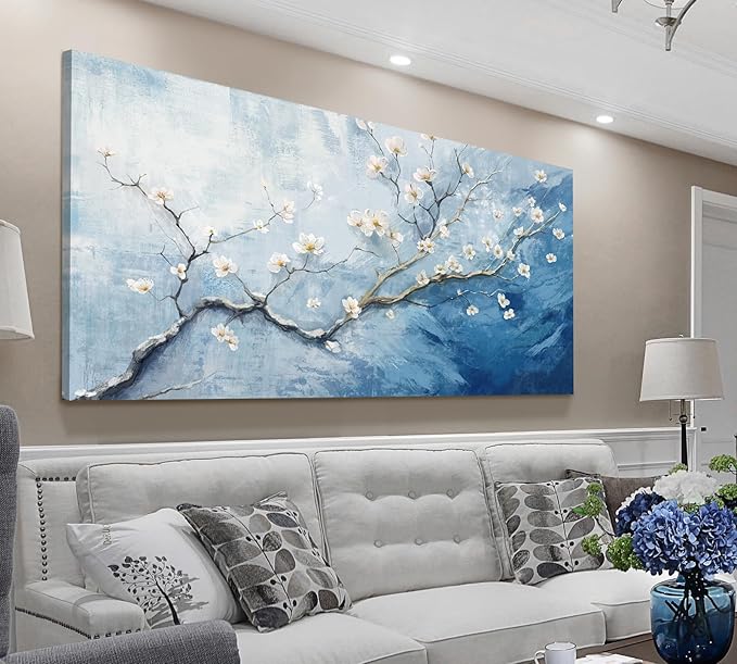 Nicetop Extra Large Canvas Art Wall Decor - Plum Blossom Art Prints - Oversized Abstract Sky Ocean Floral Botanical Artwork, Big Wall Picture Modern Coastal Home Bedroom Living Room Office 58x29 Inch
