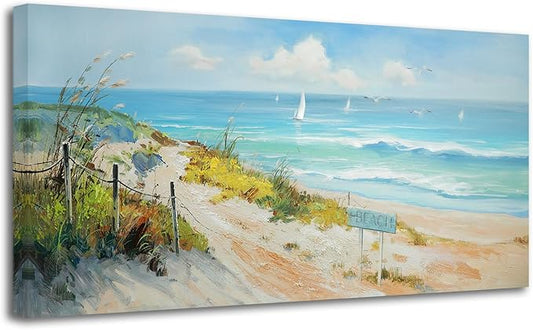 Arjun Ocean Wall Art Canvas Coastal Beach Painting Blue Landscape Picture Sailboat Textured Large Artwork Framed for Living Room Bedroom Bathroom Wall Decor, 40"x20"