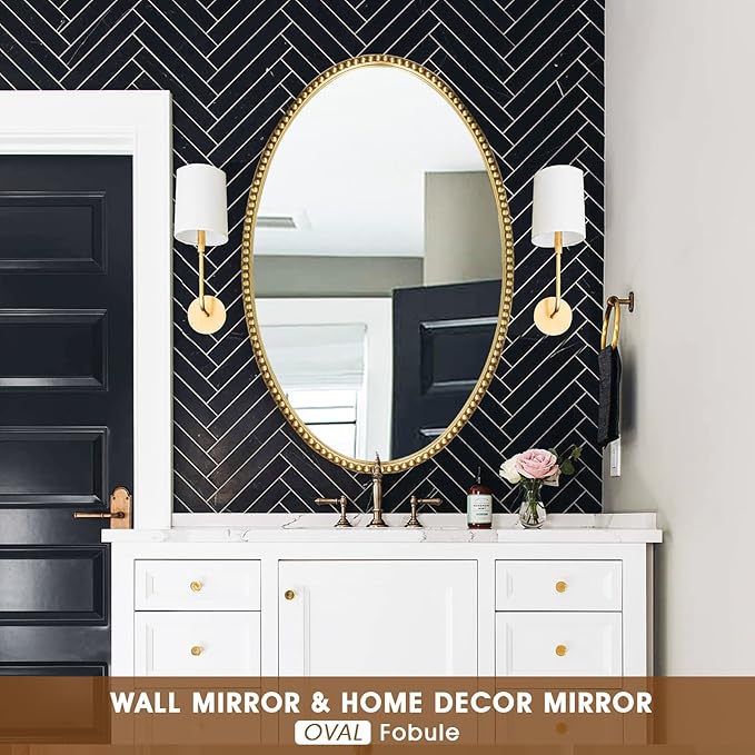 Oval Wall Mirror for Bathroom, 26"x39" Antique Gold Metal Beaded Frame Decorative Accent Mirror, Large Hanging Vanity Mirror for Bedroom, Living Room, Entryway
