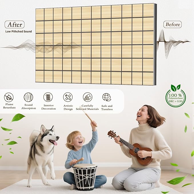 4Pack Acoustic Wall Panel, Self-Adhesive Soundproof Foam Panels for Wall, 3D Perforated Tri-Layer Polyester Fiber Decorative Acoustic Insulation for Recording Studio, Office, Home, 24×12×1.78", Square