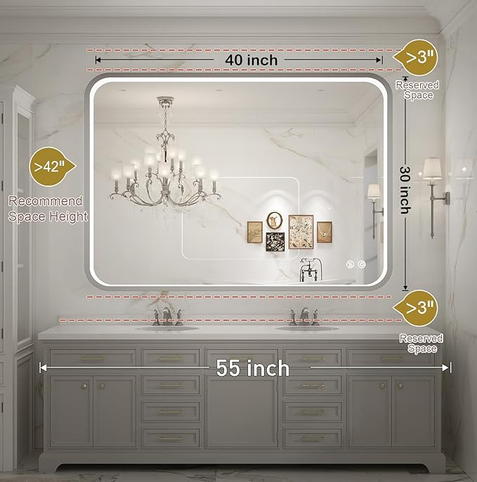 40x30 Inch LED Mirror for Bathroom,Brushed Sliver Metal Frame Lighted Vanity Mirror,Anti Fog Stepless Dimmable,Light Up Wall Mounted Mirror(Horizontal/Vertical)