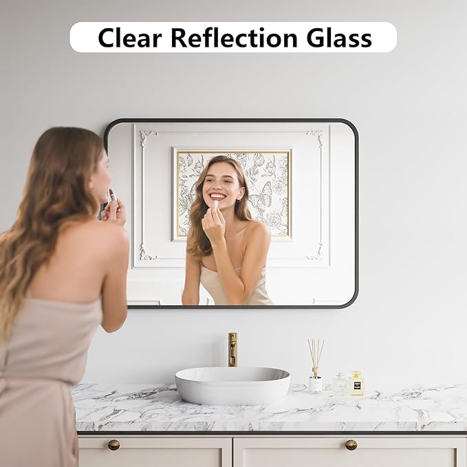 Bathroom Mirror, 30X40 Inch Black Metal Framed Mirror for Bathroom, Tempered Glass, Anti-Rust, Rounded Rectangle Mirror for Restroom, Bedroom, Black