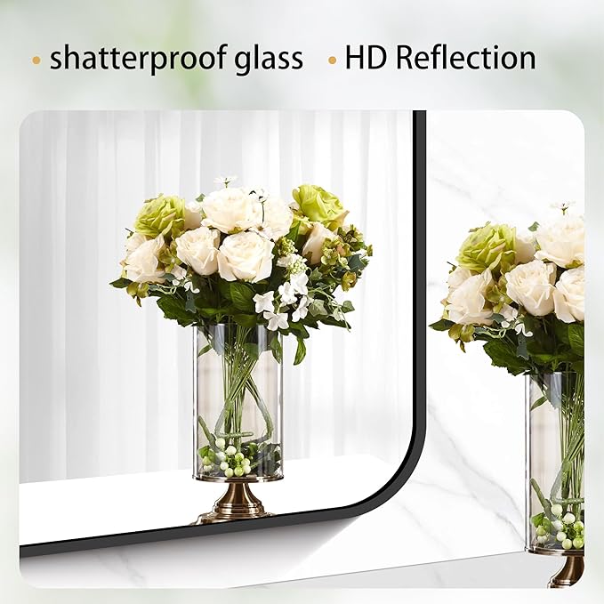 40" x 48"Bathroom Mirror, Matte Black Wall Mirror with Metal Frame, Decorative Rectangular Vanity Mirror for Bedroom Bathroom Living Room Entryway (Horizontal/Vertical)