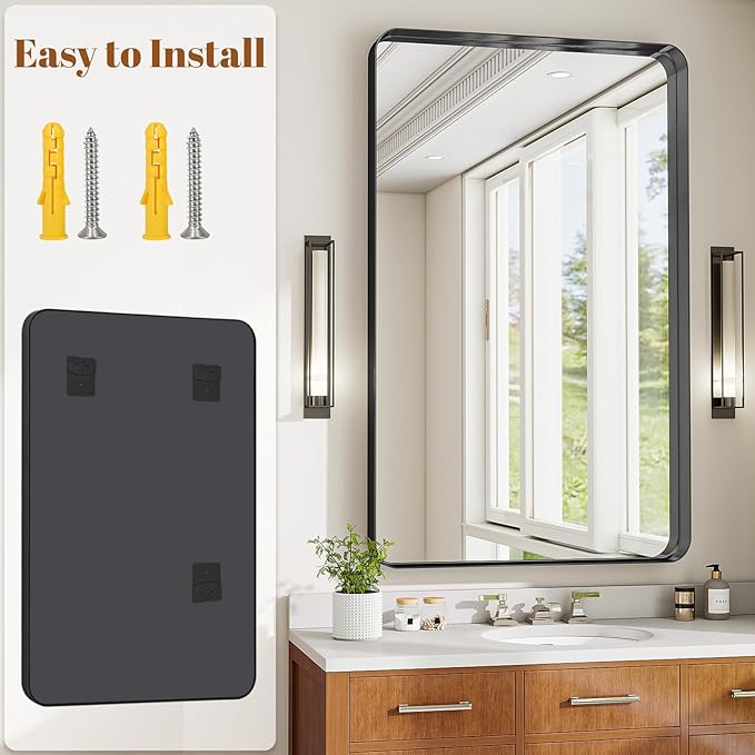 Bathroom Mirror Vanity for Over Sink Wall Mirror - 30x48 Inch Rounded Corner Rectangle Aluminum Frame Mirror,Hangs Horizontally or Vertically for Living Room Bedroom or Entryway Black