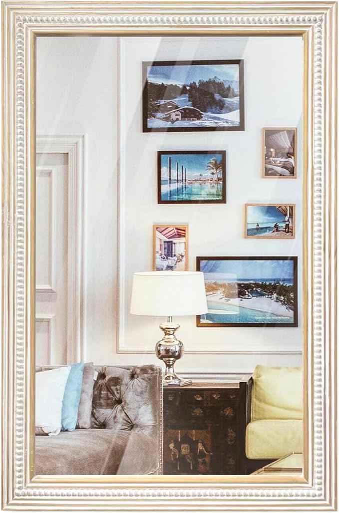36x24 Inch Farmhouse Wooden Rectangle Mirrors for Wall with Beaded, Boho Decorative Rectangular Mirror for Bathroom, Living Room, Entryway, Foyer (Horizontal/Vertical Mount)