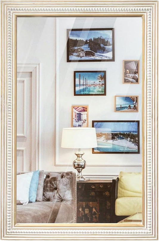36x24 Inch Farmhouse Wooden Rectangle Mirrors for Wall with Beaded, Boho Decorative Rectangular Mirror for Bathroom, Living Room, Entryway, Foyer (Horizontal/Vertical Mount)