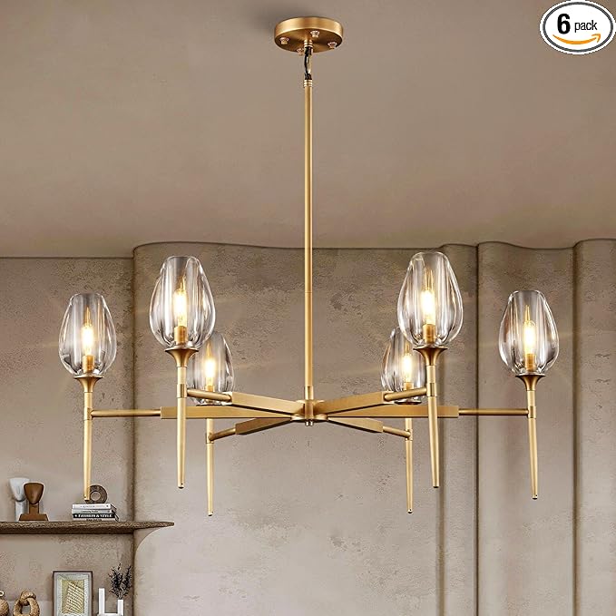 Modern Gold Round Chandelier Light Fixture, K9 Crystal Chandeliers for Dining Room, Living Room, 42in Dining Room Chandeliers Over Table, Chandelier for Bedroom, Foyer, Includes 6XG4 Bulbs