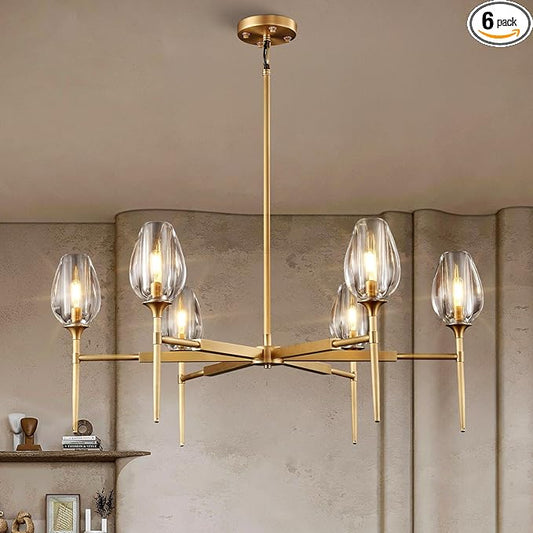 Modern Gold Round Chandelier Light Fixture, K9 Crystal Chandeliers for Dining Room, Living Room, 42in Dining Room Chandeliers Over Table, Chandelier for Bedroom, Foyer, Includes 6XG4 Bulbs