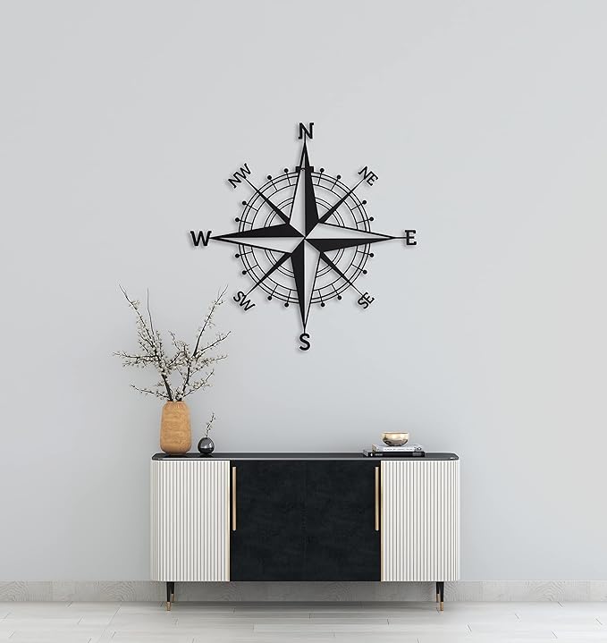 Nautical Compass Rose Metal Wall Art, Large Wall Decor, Black Compass Wall Sculptures, Indoor Outdoor Hanging, Housewarming Gift for Home Decor, Room Decor, Living room, Bedroom (Black 32" x 32")