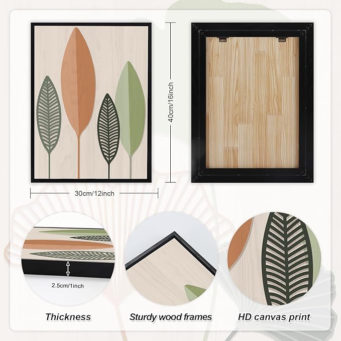 LHIUEM Framed Botanical Wall Art Leaf Art Pieces Zen Canvas Wall Art Set of 3(12”X16”) Boho Bedroom Wall Decor Sage Green Pictures Unique Plants Prints Colorful Modern Artworks for Living Room Office