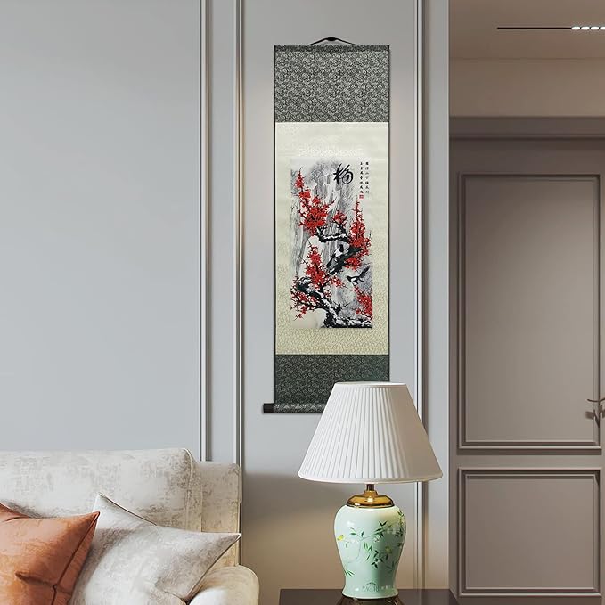 AtfArt Asian Wall Decor Beautiful Silk Scroll Painting 4 Righteous Men Flowers - Plum Orchid Bamboo Chrysanthemum Oriental Decor Chinese Art Wall Scroll Hanging Painting Scroll (Plum)
