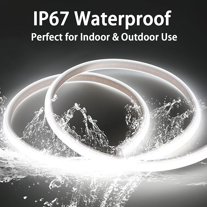 COB Outdoor LED Strip Lights 16.4 ft Waterproof IP67 AC 110V Light Stip Flexible Cuttable LED Lights 320LEDs/m 6000K Cold White with US Plug Indoor Rope Lights for Bedroom Kitchen Cabinet Lighting