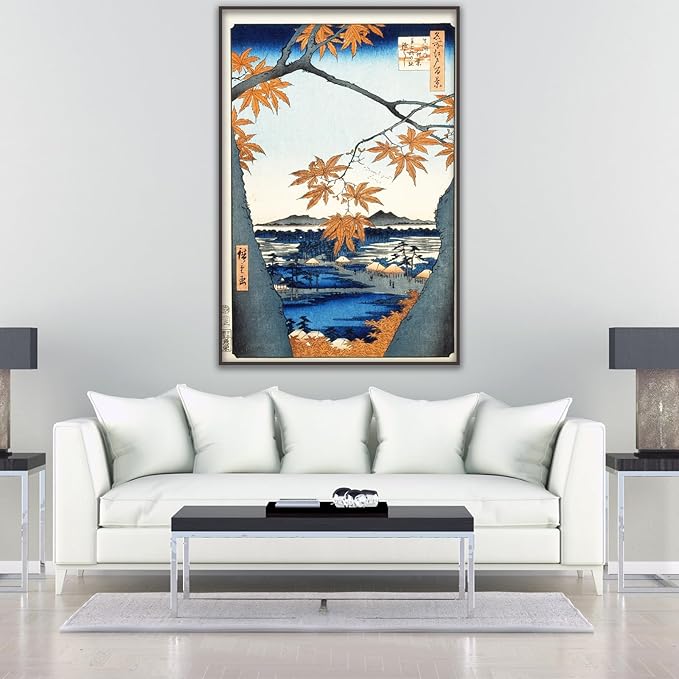 OKRA Utagawa Hiroshige Canvas Art Print - Maple Trees at Mama, Tekona Shrine Poster - Japanese Ukiyo-e Painting - Cool Wall Decor for Bedroom Living Room Unframed(12×16in/30×40cm)
