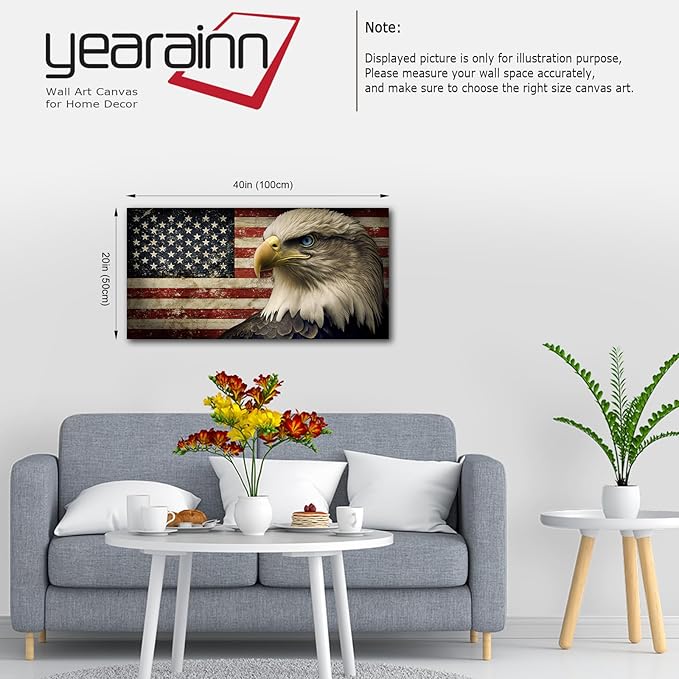 American Flag Canvas Wall Art - Flag of USA with Eagle Pictures for Wall Decor Patriotic Canvas Printing Artwork Vintage Rustic Design for Living Room Home Office Wall Decoration 20" x 40"