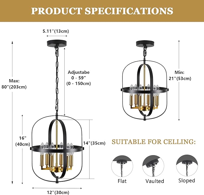 ANKYLHUA Black and Gold Chandelier for Dining Room Light Fixture,6-Light Small Chandelier for Entryway Foyer Lighting Fixtures Adjustable Modern Farmhouse Pendant Lights for Living Room Kitchen