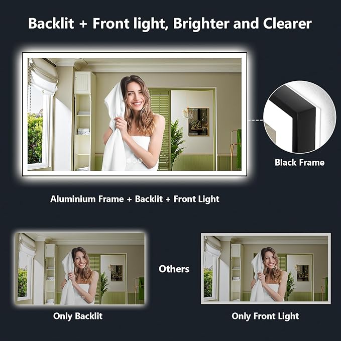 66x36 Inch LED Bathroom Mirror with Lights (Front Lit and Backlit) Black Framed Lighted Vanity Mirror for Bathroom Wall Dimmable Anti-Fog Memory Tempered Glass Horizontal/Vertical