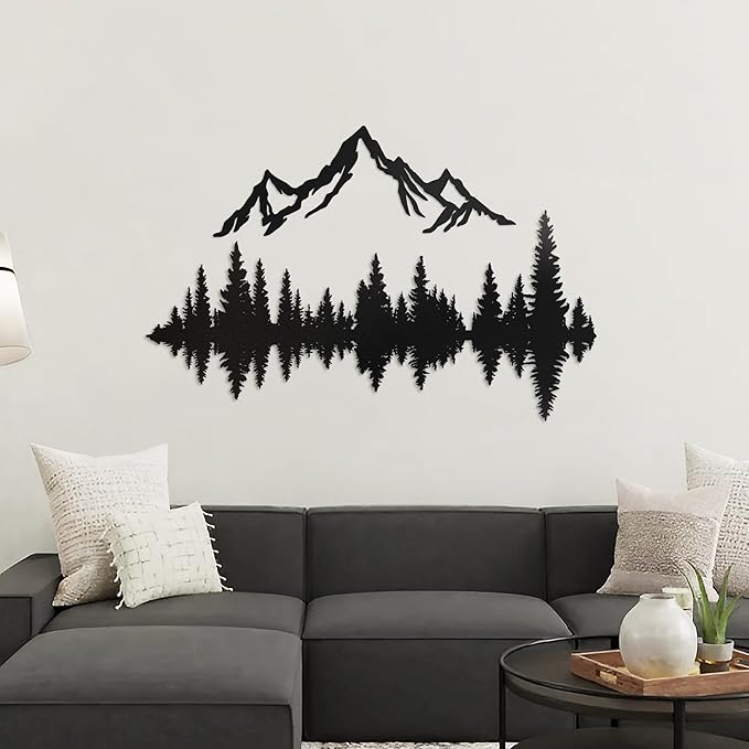 Metal Mountain Wall Art 24" x 20", Mountain Wall Decor, Art Wall Hangings for Living Room, Bedroom, Black, 24 Inch Long