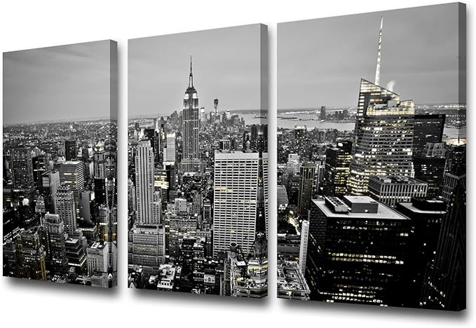 3 Pieces Canvas Wall Art Black and White New York City Skyline at Night Wall Art Manhattan Downtown Urban Skyline Pictures Modern Home Decor Stretched and Framed Ready to Hang - 24‘’x12‘’x3 panels