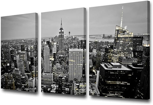 3 Pieces Canvas Wall Art Black and White New York City Skyline at Night Wall Art Manhattan Downtown Urban Skyline Pictures Modern Home Decor Stretched and Framed Ready to Hang - 24‘’x12‘’x3 panels