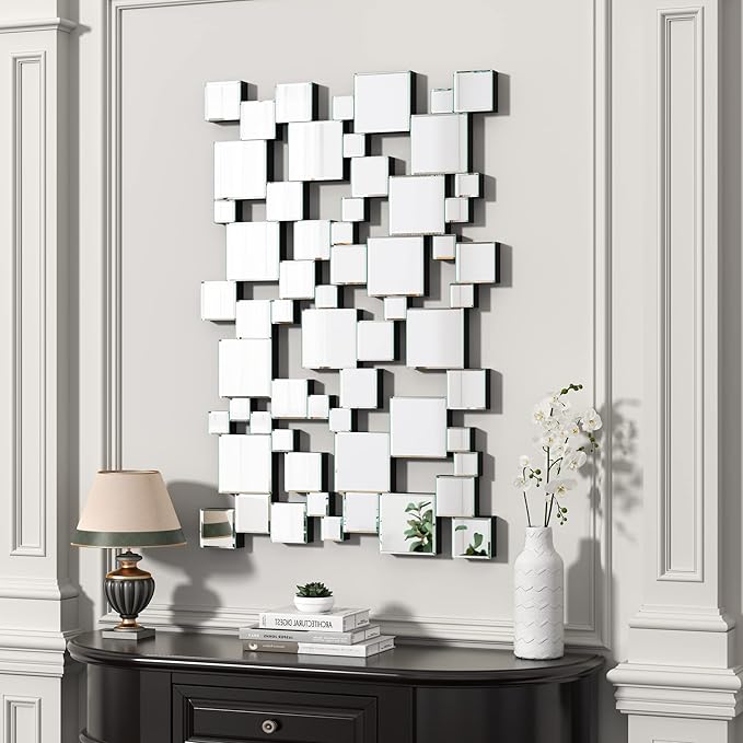 KOHROS Large Silver Wall Mirrors Decorative 48×32 Inch Modern Art Geometric Patchwork Mirror for Wall Decor, Living Room & Entryway Decor, 3D Space - Extending Wall - Mounted Mirror