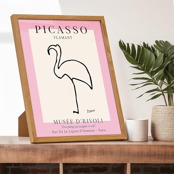 Mid-Century Modern Art 11x14 FRAMED - Minimalist Line Art Wall Decor for Modern Home - Abstract Gallery Wall Print, Tropical Beach House Museum Poster, Contemporary Aesthetic Room Decor, Pink Flamingo