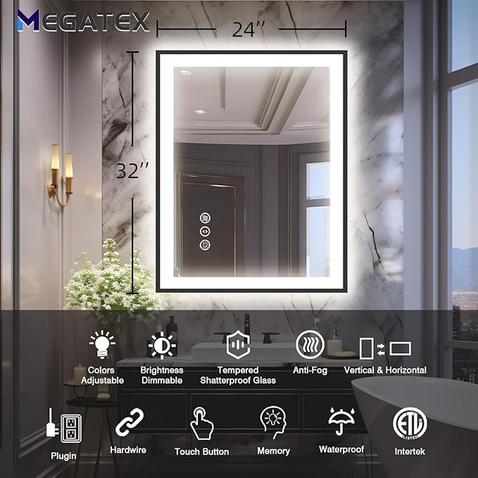 24x32 LED Bathroom Mirror, Black Aluminum Framed, Backlit + Front-Lit, 3 Colors Temperature Changeable, Dimmable Vanity Mirror, Tempered Glass, Defog, Waterproof, Memory (Horizontal/Vertical)