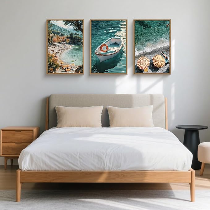 Aryroi Mediterranean Coastal Ocean Framed Canvas Wall Art Set, Natural Blue Green Beach Scenery Wall Decor,Modern Summer Sea Boat Umbrella Artwork for Living Room, Bedroom,Farmhouse- 16"x24"x3