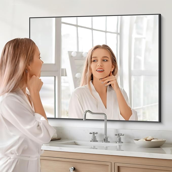Black Bathroom Mirror for Wall, 30x36 Inch Rectangle Mirrors with Metal Frame, Modern Vanity Wall Mirror Decor for Entryway Hangs, Bathroom Living Room Horizontal or Vertical