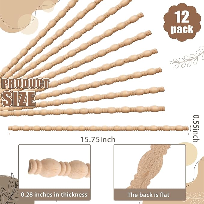Nuanchu 12 Pcs Unfinished 3D Decorative Wood Trim Molding 15.75inch Decorative Wood Molding Cute DIY Trim for Home Wall Cabinet Shelf Window Door(Gourd Line,15mm)