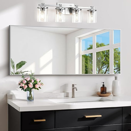 48x24In Silver Bathroom Mirror for Wall, Brushed Nickel Rectangle Mirrors with Metal Frame, Bathroom Rectangular Mirror Modern Wall Mirror for Bedroom Living Room, Hangs Horizontal or Vertical