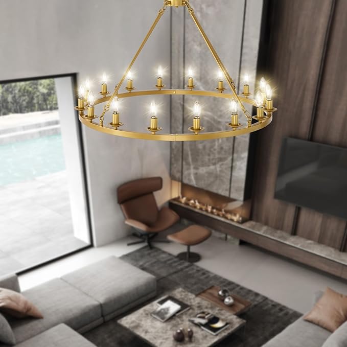40in Gold Wagon Wheel Chandelier, 16 Light Farmhouse Large Chandelier Round Modern Rustic Industrial Adjustable Height for High Ceiling Living Room, Entryways, Foyer, Staircases, Dining Room