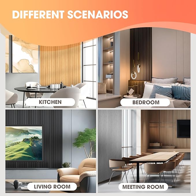 OUZUGIE WPC Acoustic Slat Wall Paneling, 8-Pack 96 x 6 Inches 3D Wall Panels for Interior Wall Decor,Living Room,TV Background,Study Room,Office Spaces,Bedroom,Low Grille (Walnut)