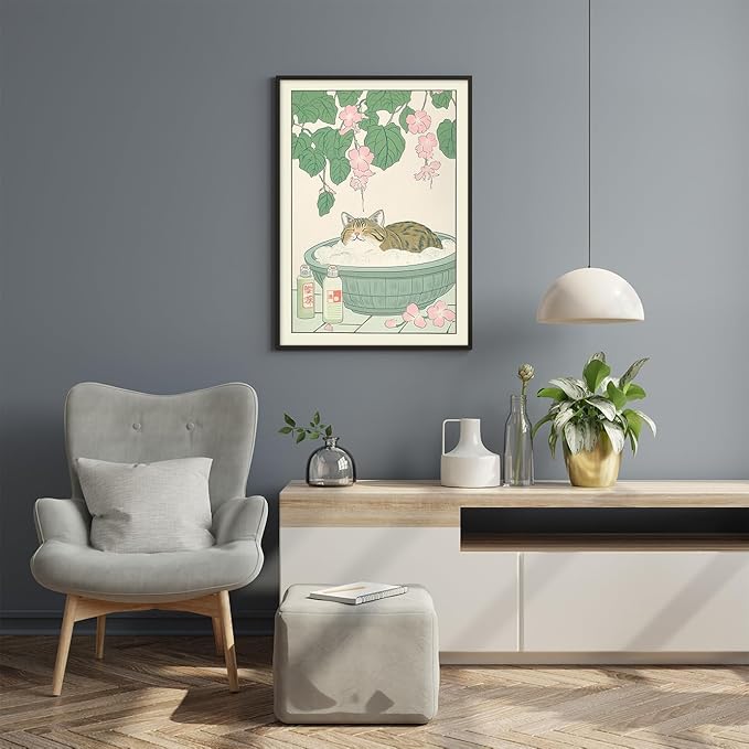 Black Framed Canvas Wall Art Posters Tabby Cat In Bathtub Prints Rustic Neutral Japanese Cute Restroom Animal Painting Funny Japan Cat for Bedroom Living Room Bathroom 20x28in