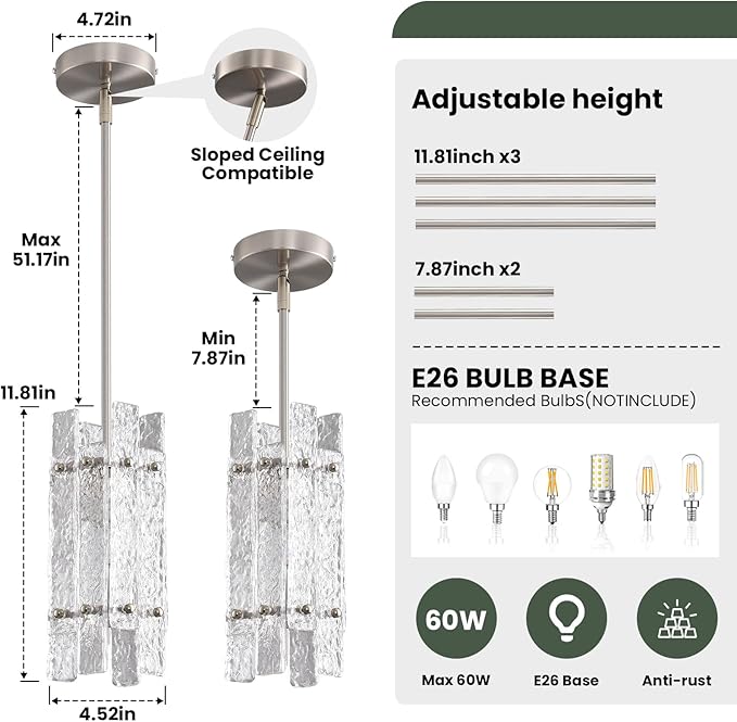 Modern Brushed Nickel Crystal Pendant Light for Kitchen Island, Luxury Mini Water Ripple Glass Chandelier Fixture, Square Adjustable Hanging Pendant Lighting for Dining Room Bedroom Hallway (1-Pack)