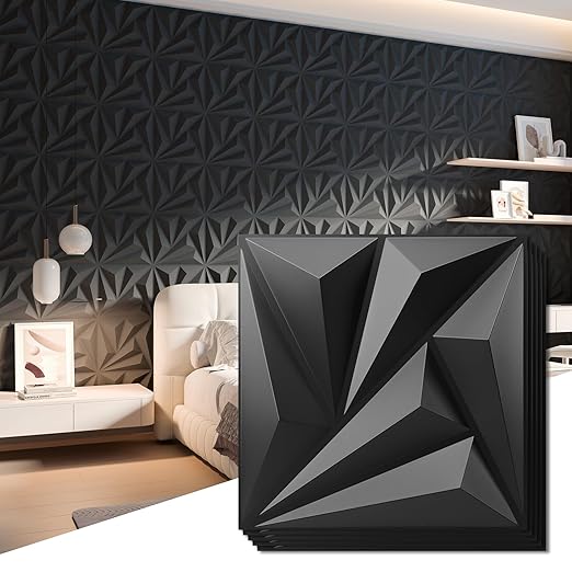 Art3d 100 Pack Decorative 3D Wall Panels 11.8 x 11.8 Inch Covering 97 Sq.ft - Glue Up PVC Wall Panels for Interior Wall Décor, Living Room, Office and Home, Black