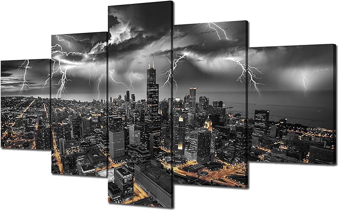 Cawpom Chicago Wall Art Chicago Skyline Picture Wall Decor Lightning Strike Canvas Prints Storm Cityscape Painting Black and White City Poster Frame Home Living Room Decoration(60x32 inches)
