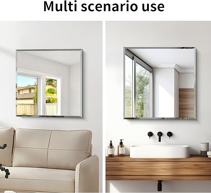 Beveled Mirror, 24x24 inch Square Bathroom Mirrors for Wall, Upgraded Shatterproof Frameless Vanity Mirror Over Sink with Beveled Edge for Bathroom,Bedroom,Living Room and Entryway