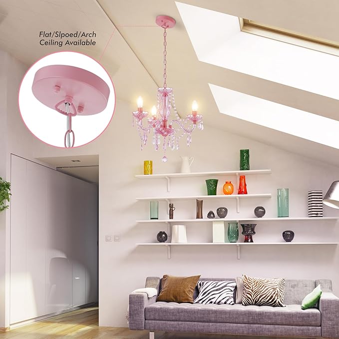 Luvkczc Crystal Chandelier, 3-Light Modern K9 Acrylic Crystal Chandelier for Dining Room, Pendant Ceiling Lighting Fixture for Bedroom, Living Room, Dining Room, Entryway Pink